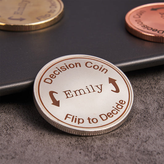 Personalised Decision Coin with sample name and date engraving presented as a proof-style layout, ideal birthday or Secret Santa personalised pocket token