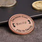 Pair of engraved decision coins showing front and reverse with clear custom text and decorative edge, premium personalised flip coin