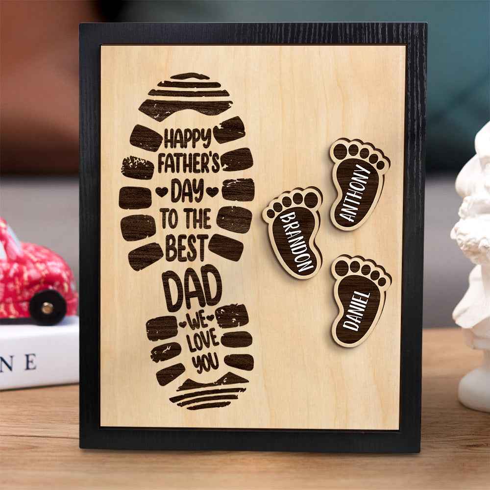Personalized Footprints Wooden Frame Custom Family Member Names Father's Day Gift