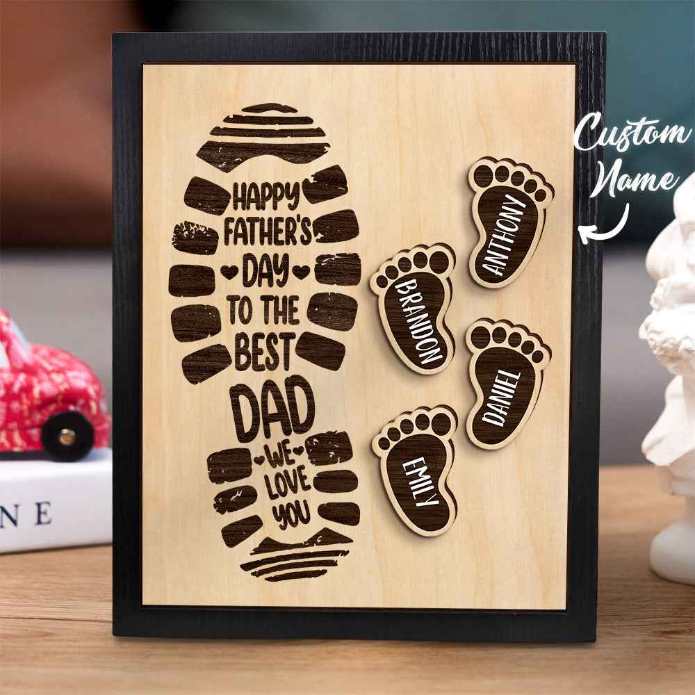 Personalized Footprints Wooden Frame Custom Family Member Names Father's Day Gift