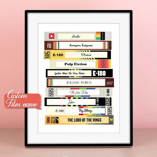 Personalisation proof and close-up showing custom text and film title on VHS-style print — ordering and proof approval for personalised movie poster