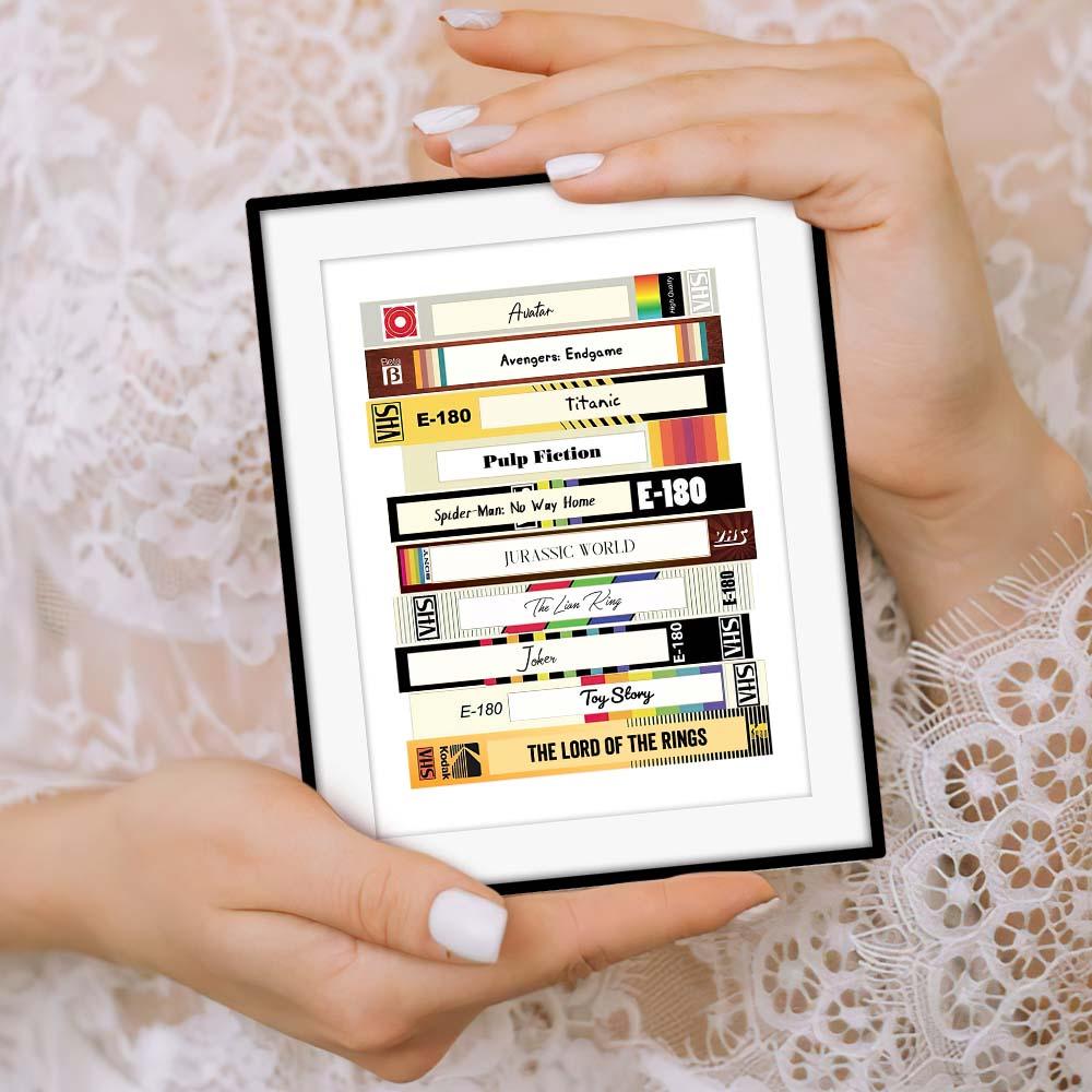 Styled shelf display with personalised video tape print — small retro wall art ideal for desks, bedrooms and home cinemas, gifts for film lovers