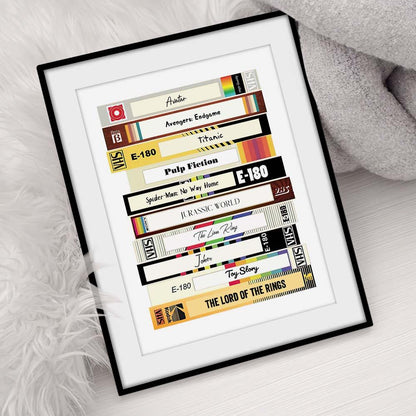 Framed personalised movie poster on wall in home cinema setting — custom VHS tape print, nostalgic film lover décor