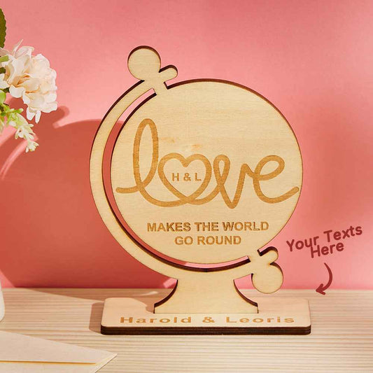 Custom Engraved Love Makes The World Go Round Personalized Wood Keepsake for Couples