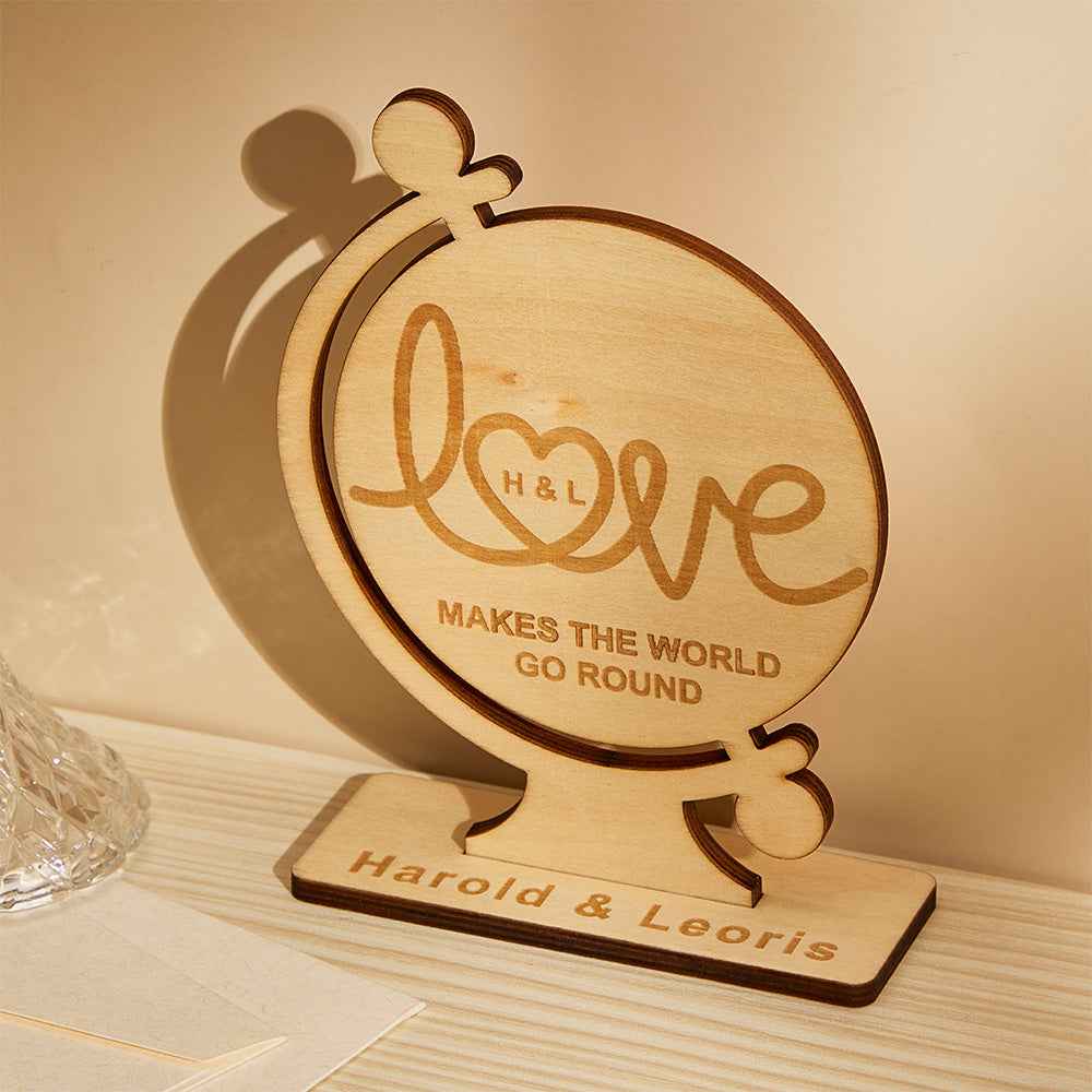 Custom Engraved Love Makes The World Go Round Personalized Wood Keepsake for Couples