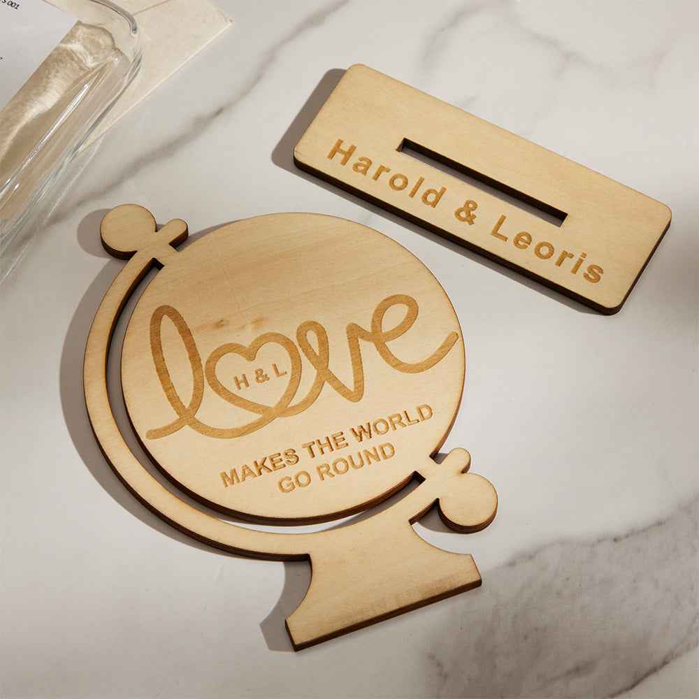 Custom Engraved Love Makes The World Go Round Personalized Wood Keepsake for Couples