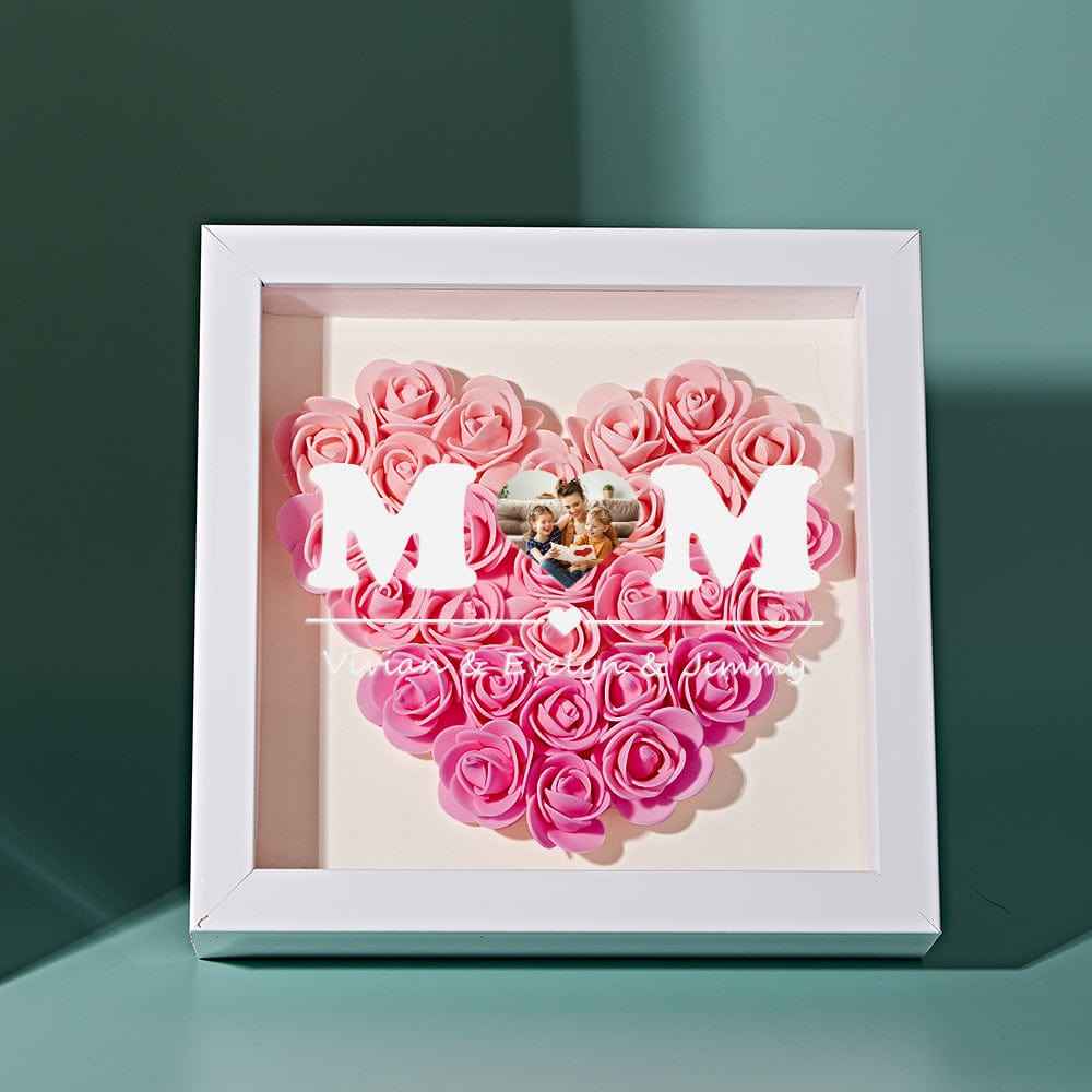 Custom Photo Flower Shadow Box Personalized Heart Gradient Pink Flower Shadowbox Frame Gift for Mom