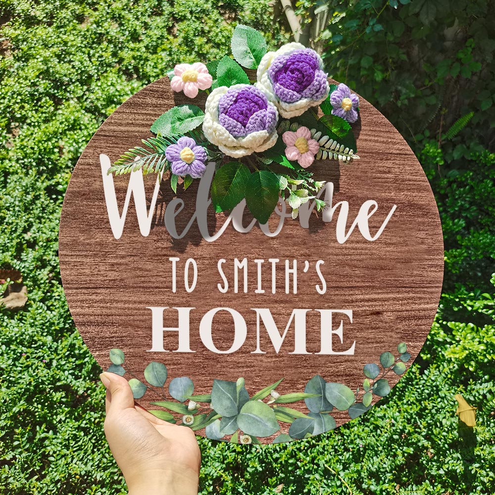 Personalised Crochet Flower Welcome Door Sign - Custom Text Front Door Decoration