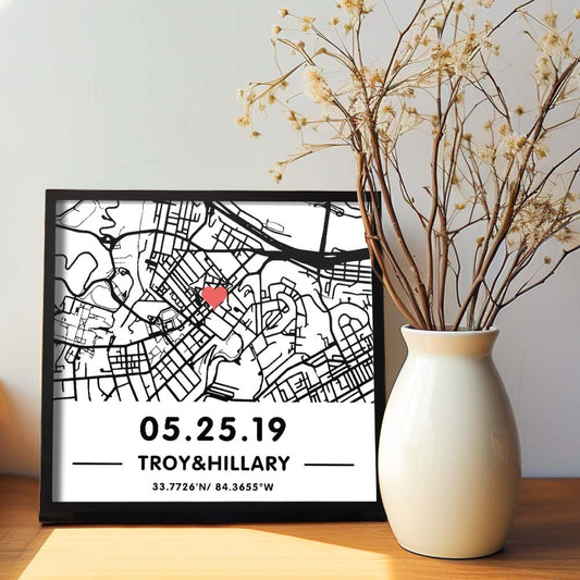 Personalised hand-drawn street map plaque in a clean framed acrylic design — custom framed acrylic map sign showing a bespoke street location, perfect anniversary, wedding or Valentine's gift (21.5×21.5×2 cm).