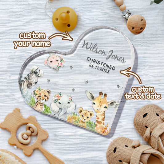 Personalised baby christening ornament — engraved clear acrylic heart with name & date and cute animal motif, polished keepsake