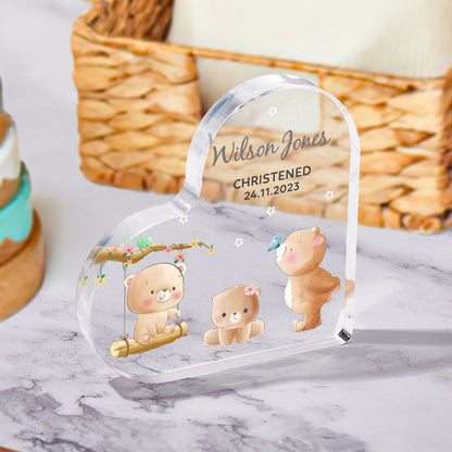 Elegant personalised acrylic heart ornament with engraved name and date — ideal christening or baptism keepsake