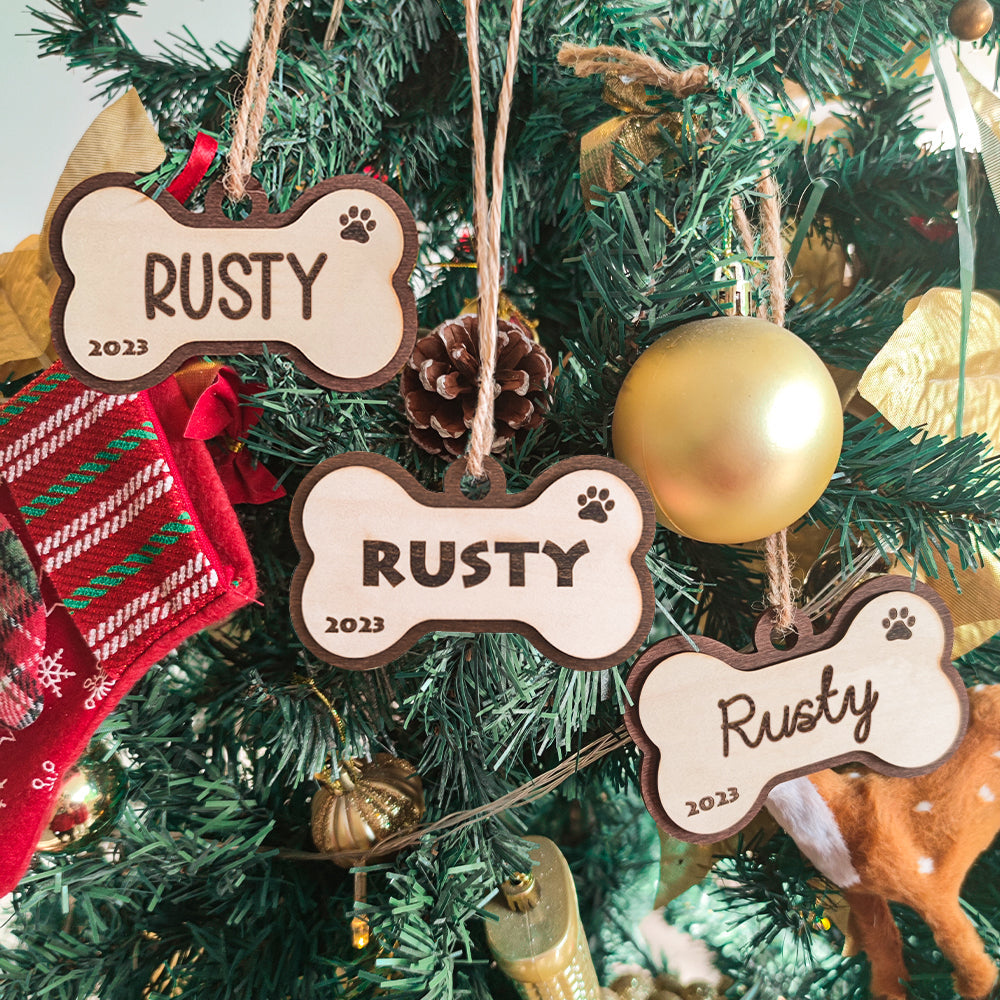 Personalised Dog Name & Year Bone Ornament - Custom Christmas Gift for Dog Lovers