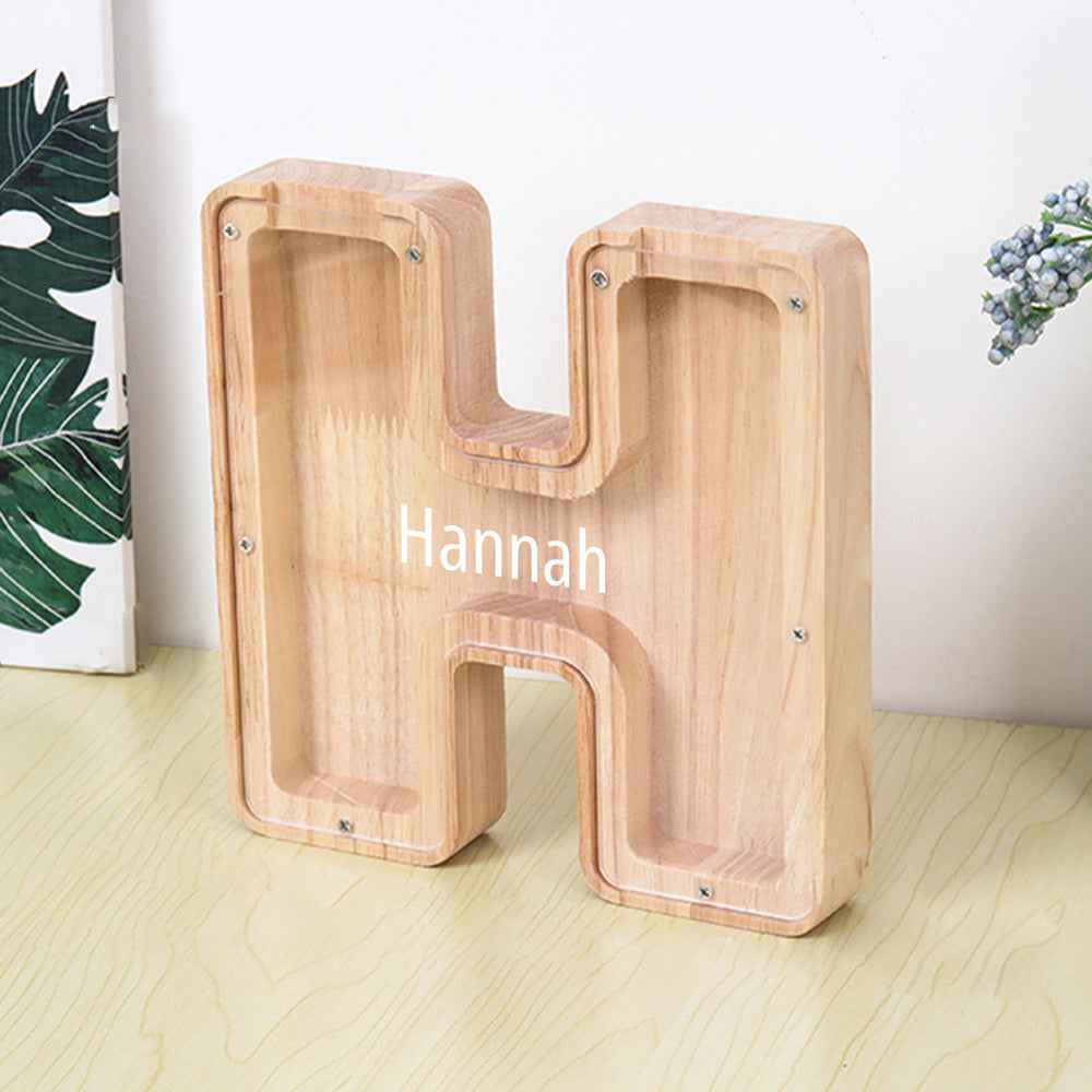 Personalized 26 Letters Piggy Bank Custom Name Wooden Money Box
