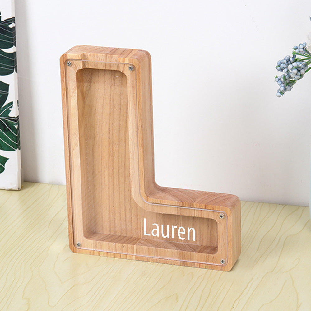 Personalised 26 Letter Wooden Piggy Bank - Custom Name Money Box Gift