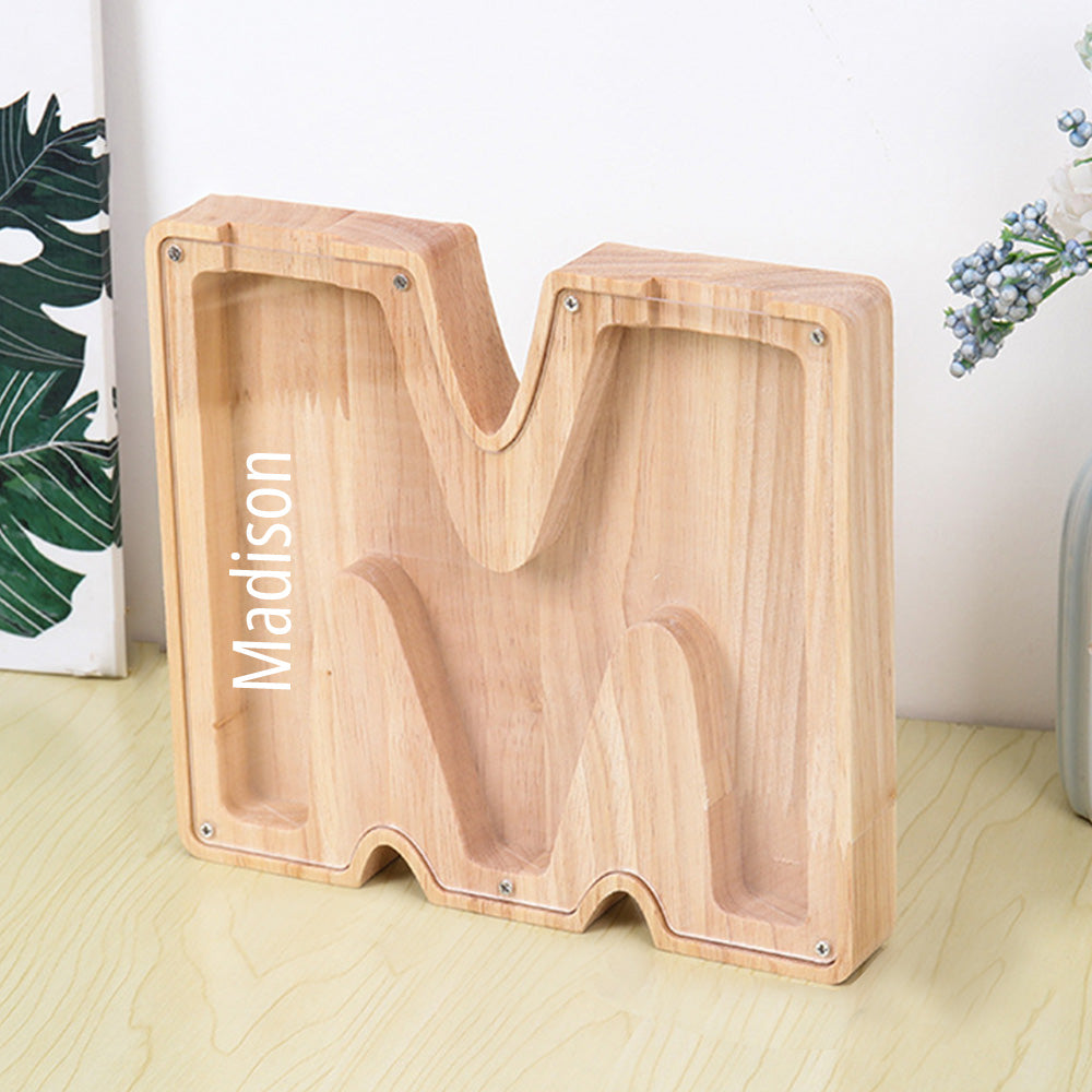 Personalised 26 Letter Wooden Piggy Bank - Custom Name Money Box Gift