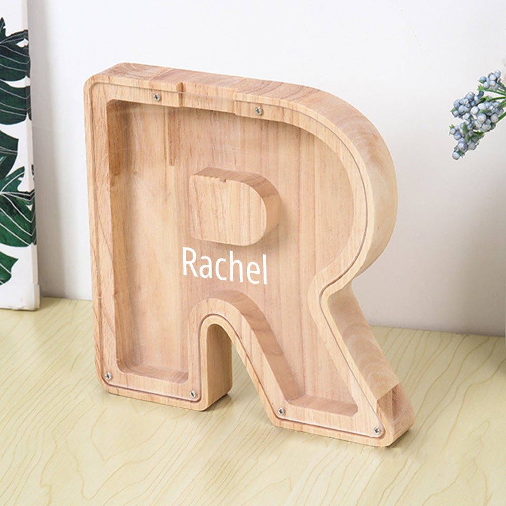 Personalised 26 Letter Wooden Piggy Bank - Custom Name Money Box Gift
