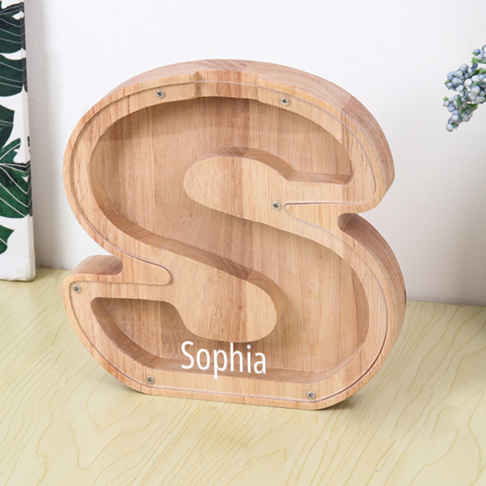 Personalised 26 Letter Wooden Piggy Bank - Custom Name Money Box Gift
