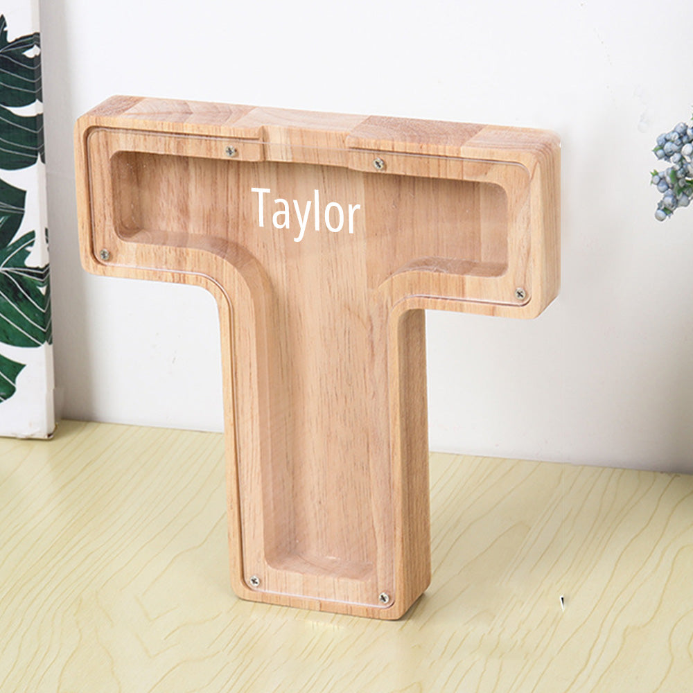 Personalised 26 Letter Wooden Piggy Bank - Custom Name Money Box Gift