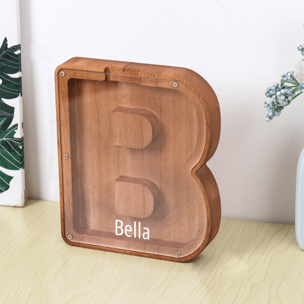 Personalised Wooden Name Letter Piggy Bank with Engraving - Kids Money Box Christmas Gift