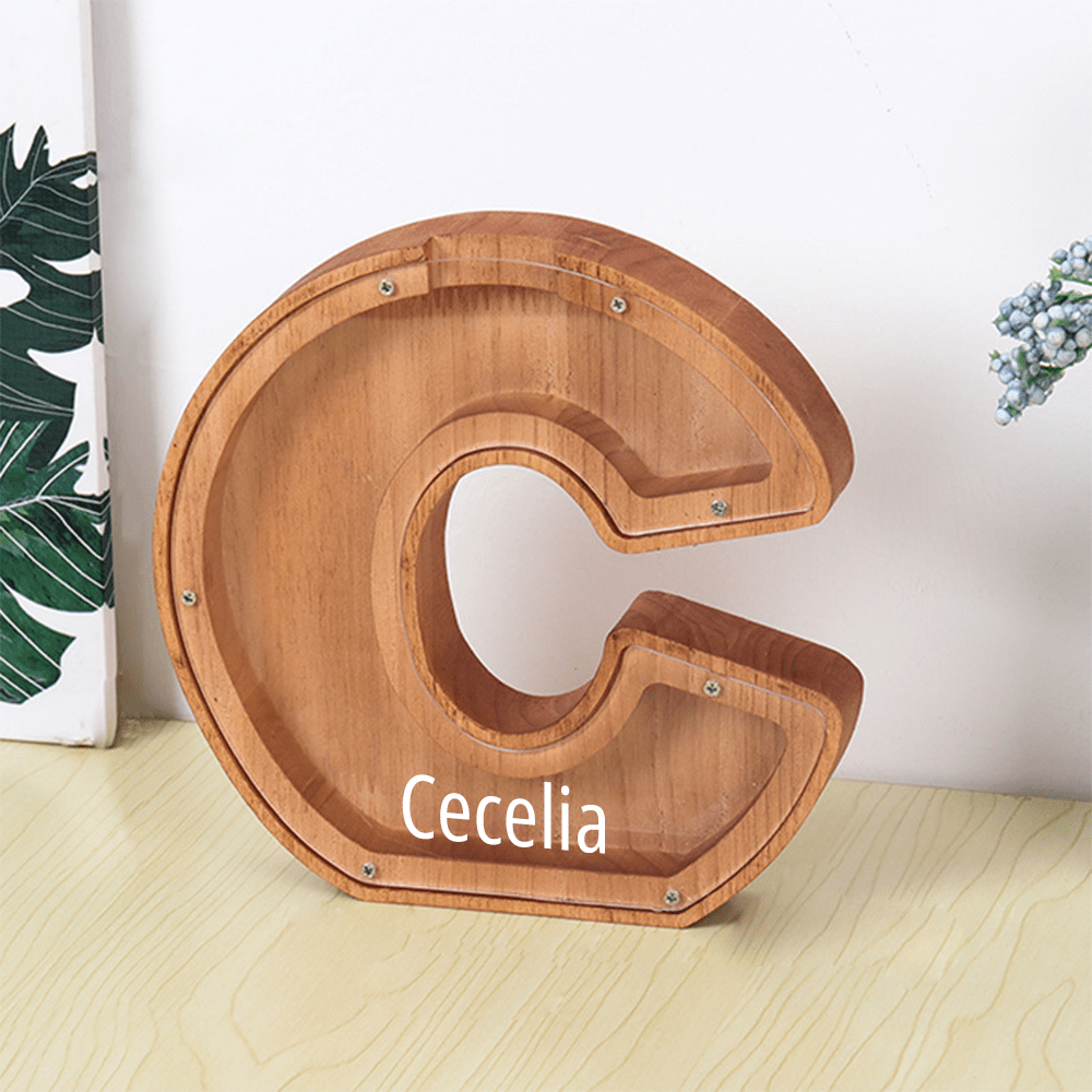 Personalised Wooden Name Letter Piggy Bank with Engraving - Kids Money Box Christmas Gift