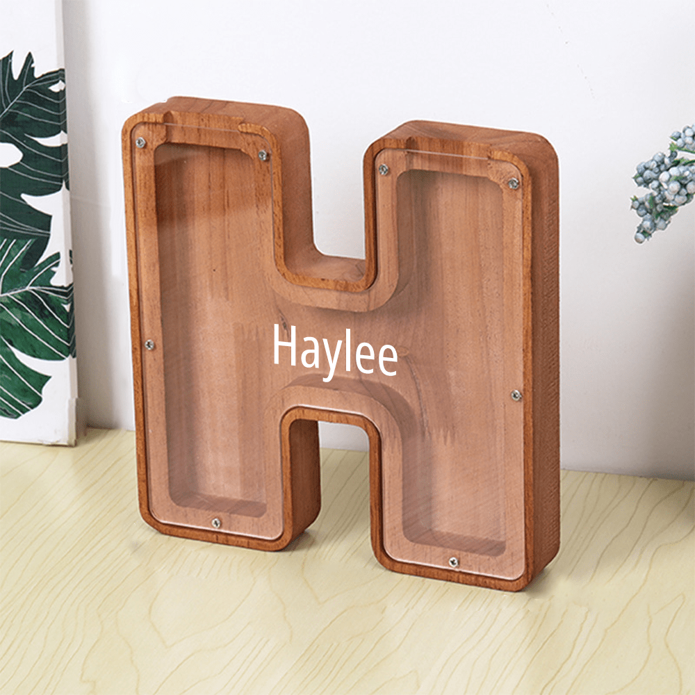 Personalised Wooden Name Letter Piggy Bank with Engraving - Kids Money Box Christmas Gift