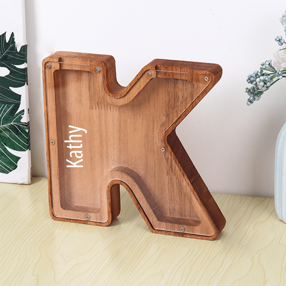 Personalised Wooden Name Letter Piggy Bank with Engraving - Kids Money Box Christmas Gift