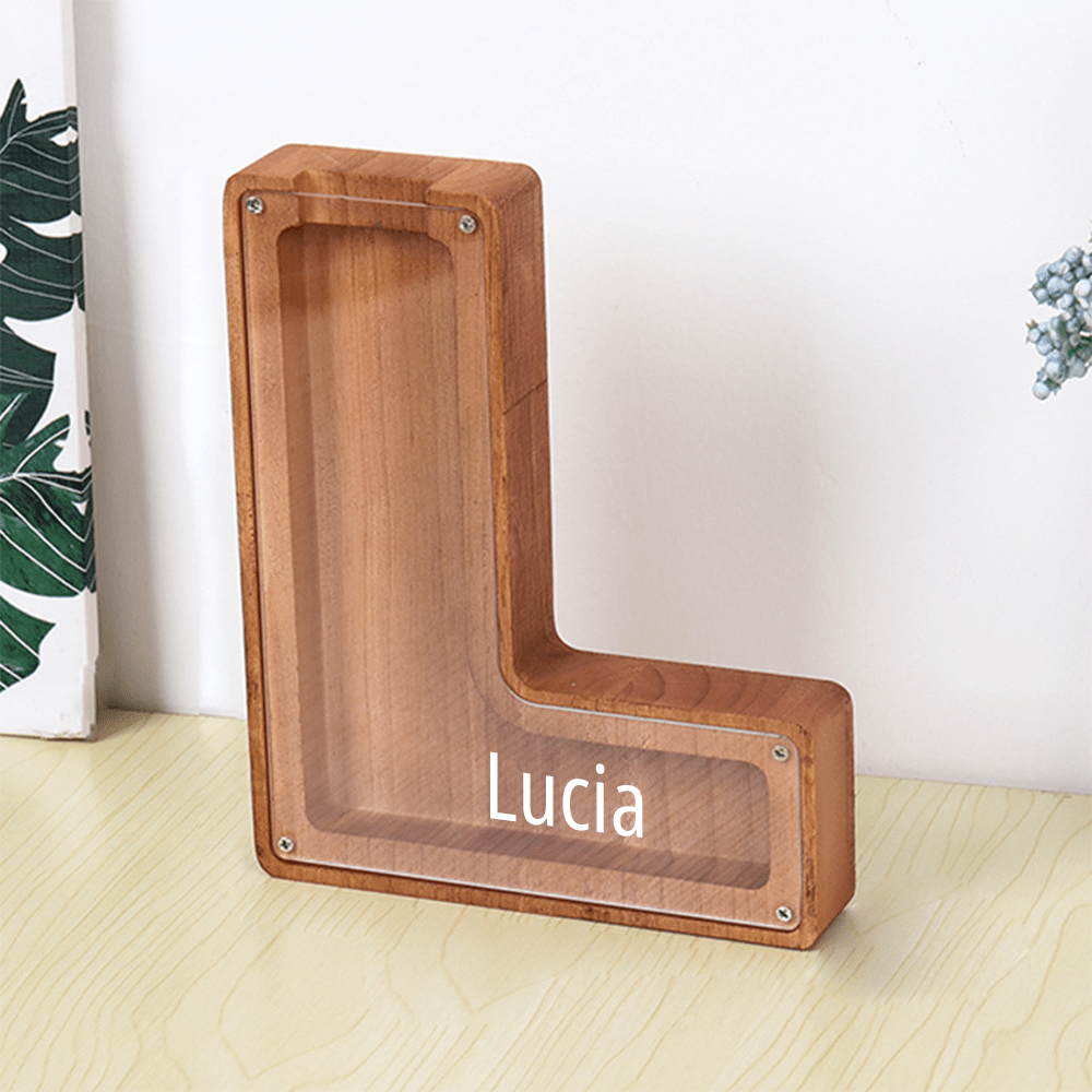 Personalised Wooden Name Letter Piggy Bank with Engraving - Kids Money Box Christmas Gift
