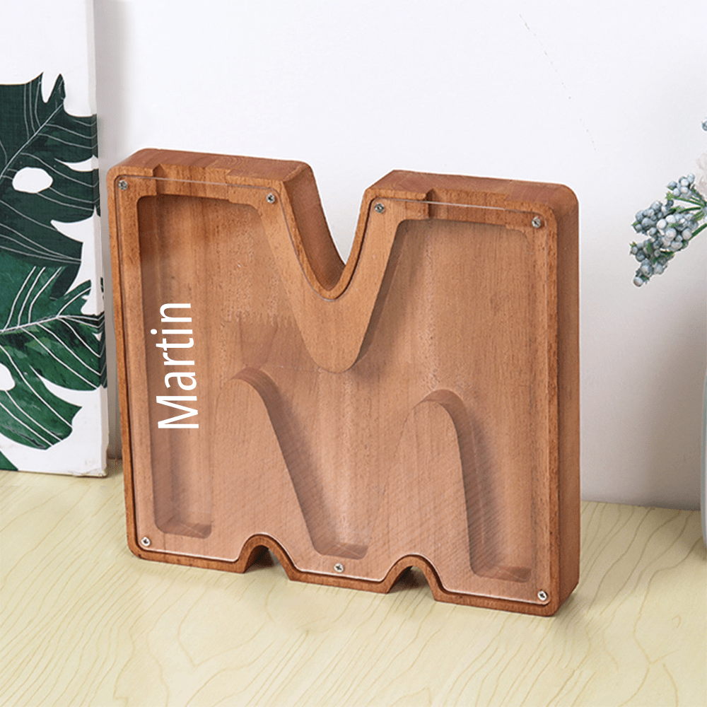 Personalised Wooden Name Letter Piggy Bank with Engraving - Kids Money Box Christmas Gift