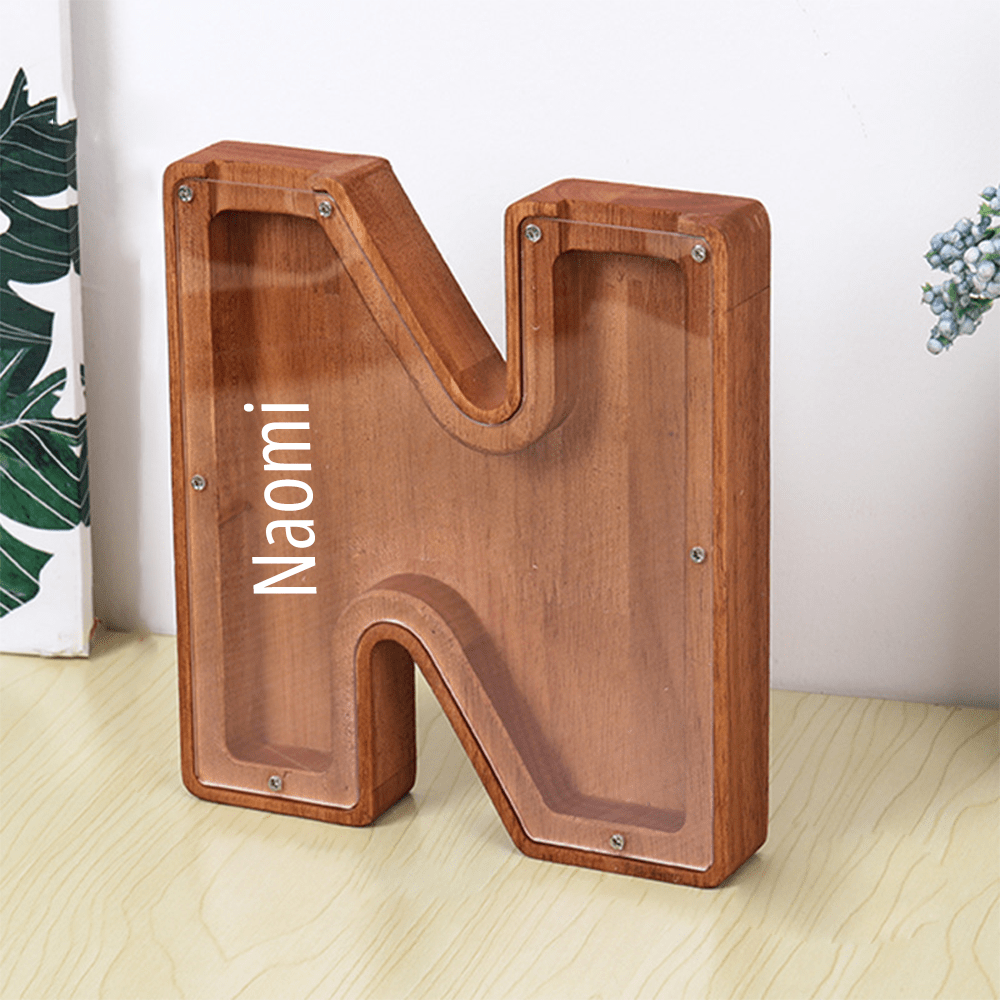 Personalised Wooden Name Letter Piggy Bank with Engraving - Kids Money Box Christmas Gift
