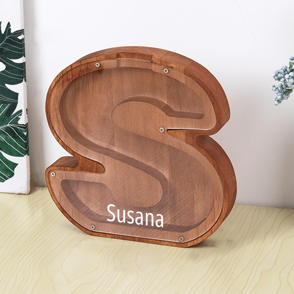 Personalised Wooden Name Letter Piggy Bank with Engraving - Kids Money Box Christmas Gift