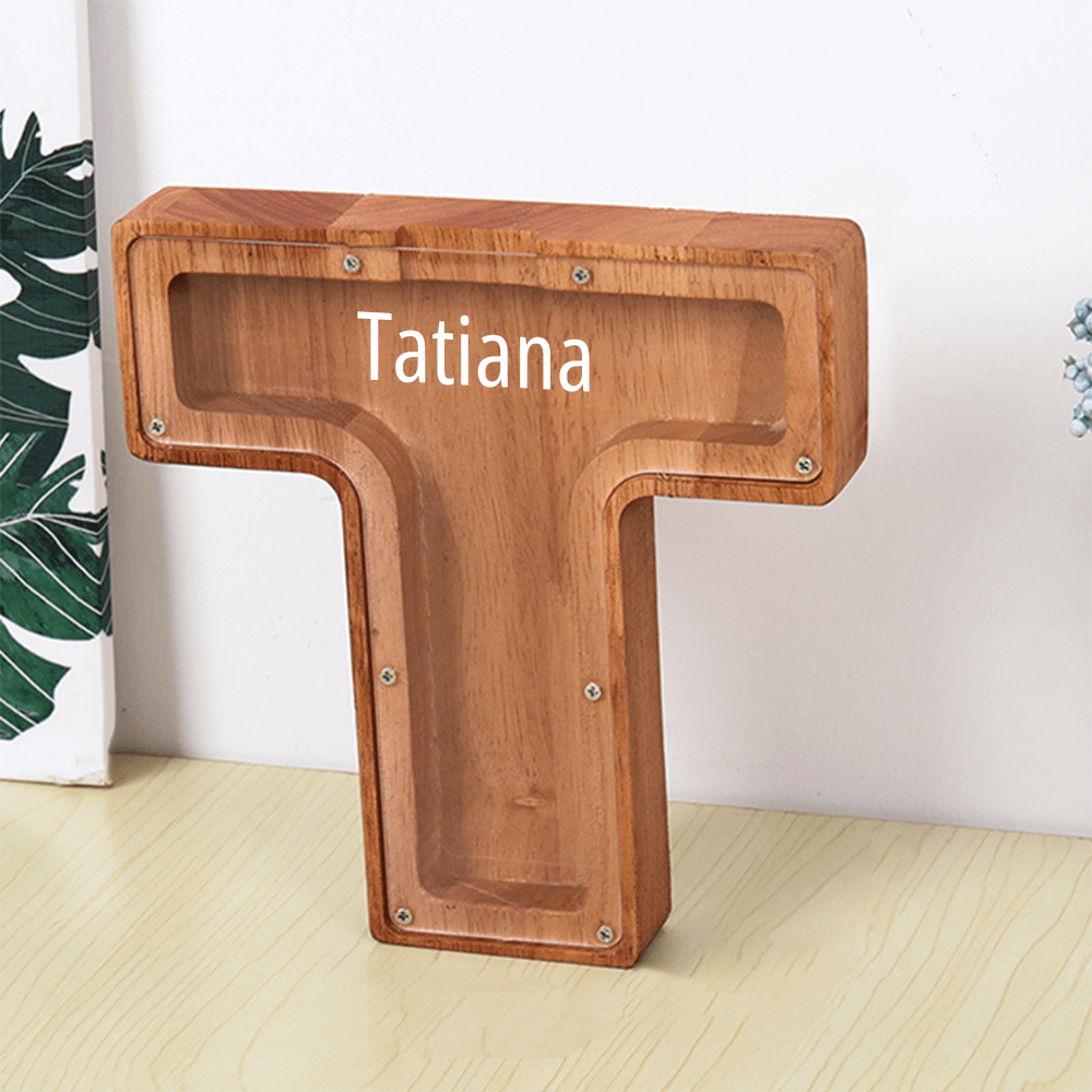 Personalised Wooden Name Letter Piggy Bank with Engraving - Kids Money Box Christmas Gift