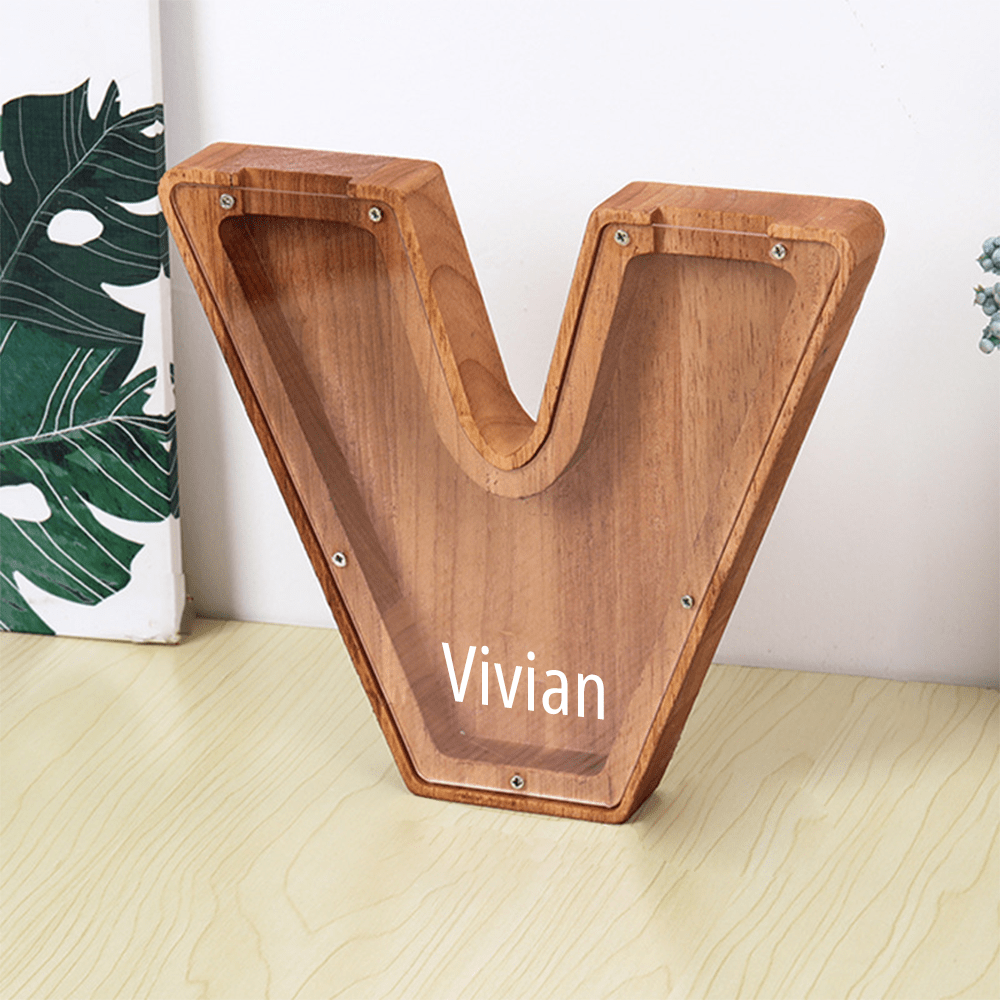Personalised Wooden Name Letter Piggy Bank with Engraving - Kids Money Box Christmas Gift