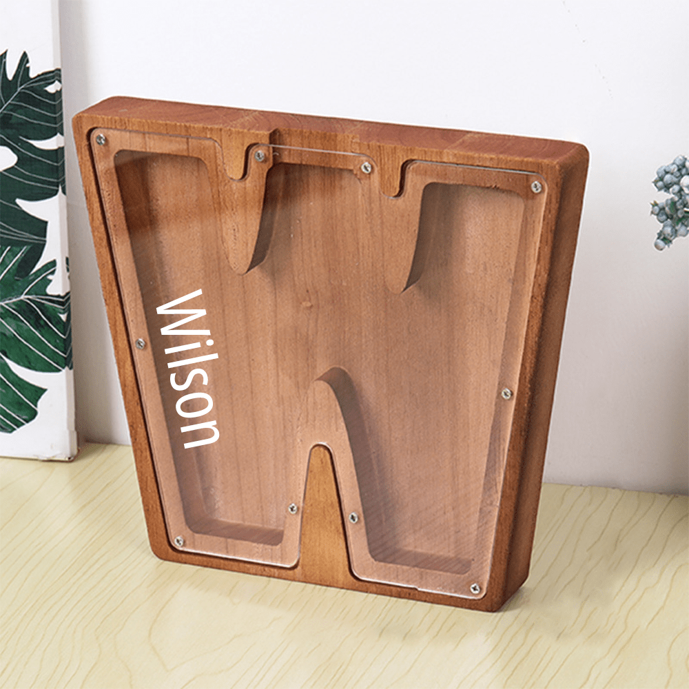 Personalised Wooden Name Letter Piggy Bank with Engraving - Kids Money Box Christmas Gift