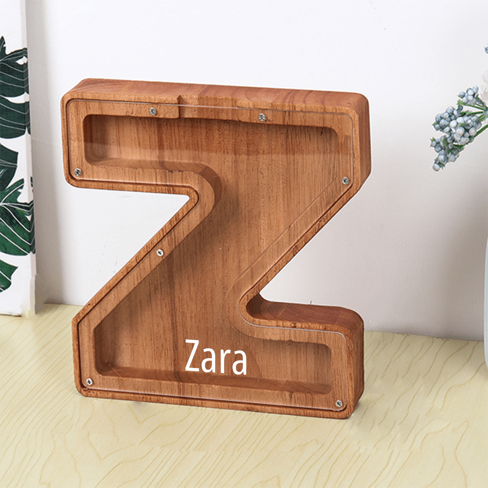 Personalised Wooden Name Letter Piggy Bank with Engraving - Kids Money Box Christmas Gift