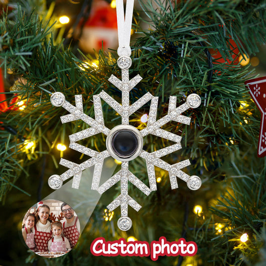 Personalised copper snowflake projection ornament with clear photo lens — custom photo gift that projects image when lit