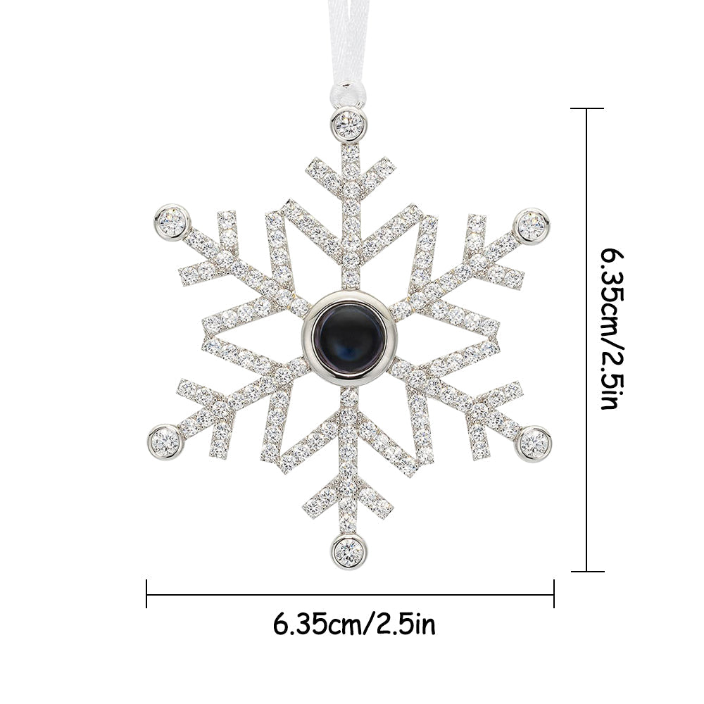 Copper photo snowflake used as a necklace charm and ornament — personalised projection keepsake for mum or partner