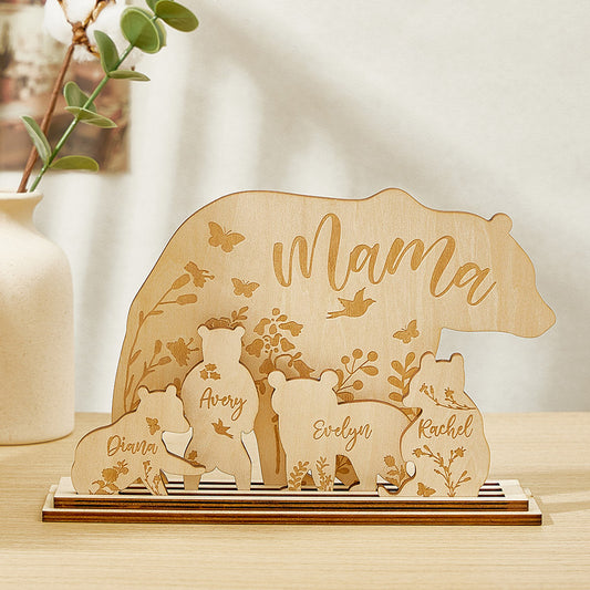 Personalised wooden 'Mama Bear with Cubs' desk decoration engraved with family names — gift for Mum, Mother's Day keepsake