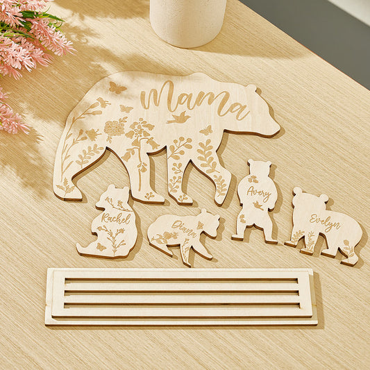 Personalised wooden 'Mama Bear with Cubs' desk decoration engraved with family names — gift for Mum, Mother's Day keepsake