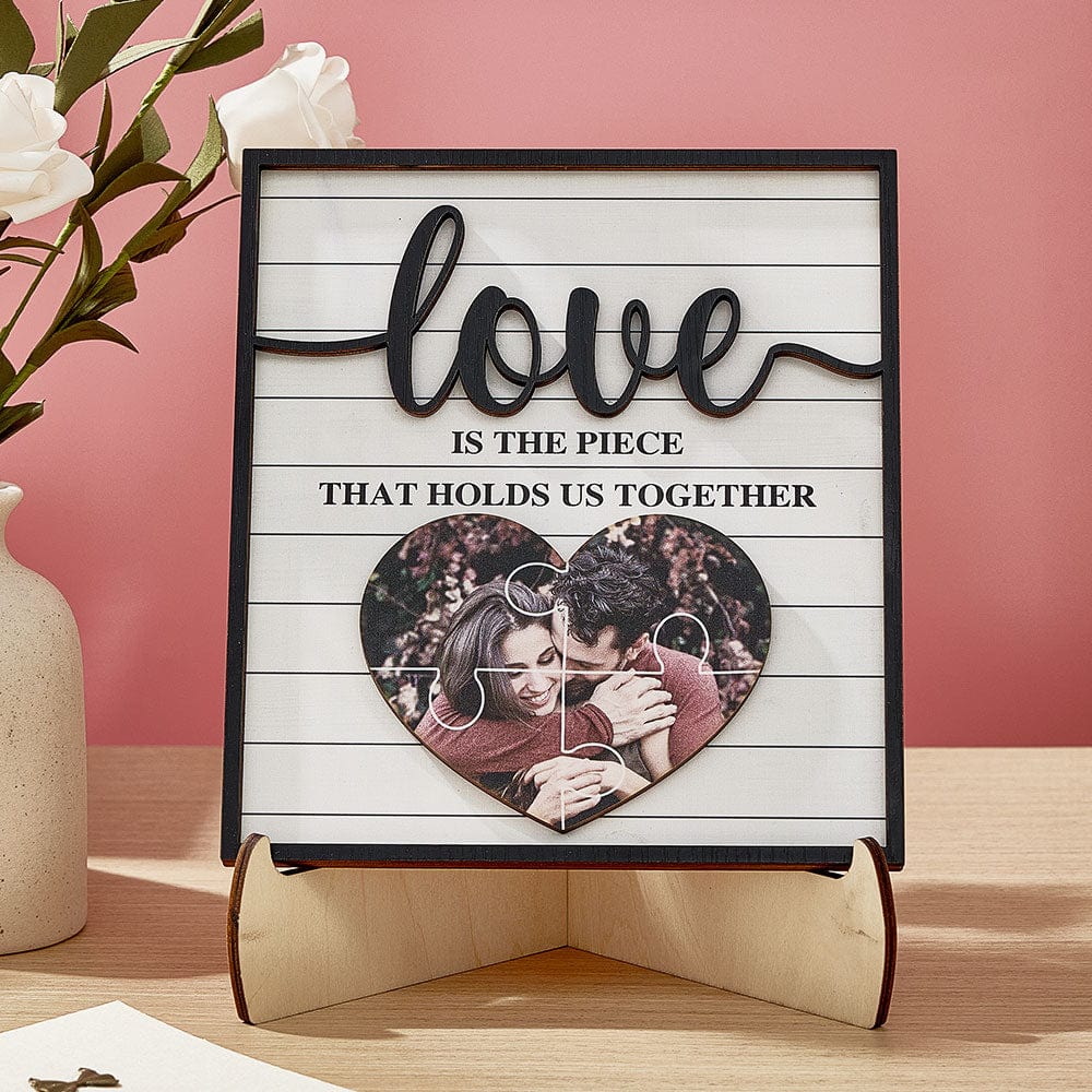 Personalised Wooden Photo Plaque | 'Love Holds Us Together' Gift for Valentines & Weddings