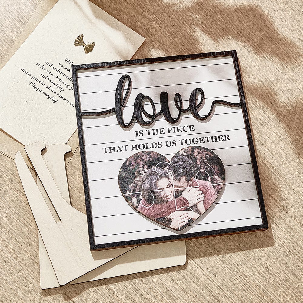Personalised Wooden Photo Plaque | 'Love Holds Us Together' Gift for Valentines & Weddings