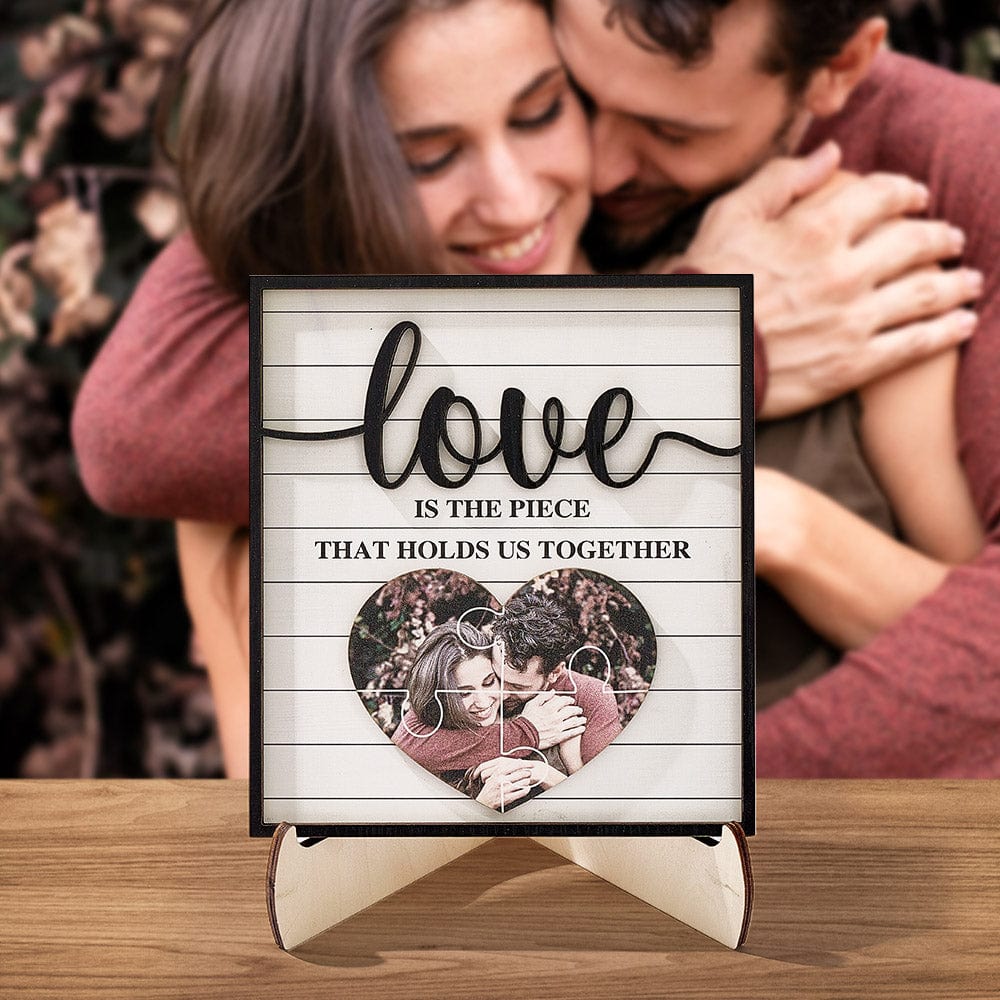 Personalised Wooden Photo Plaque | 'Love Holds Us Together' Gift for Valentines & Weddings