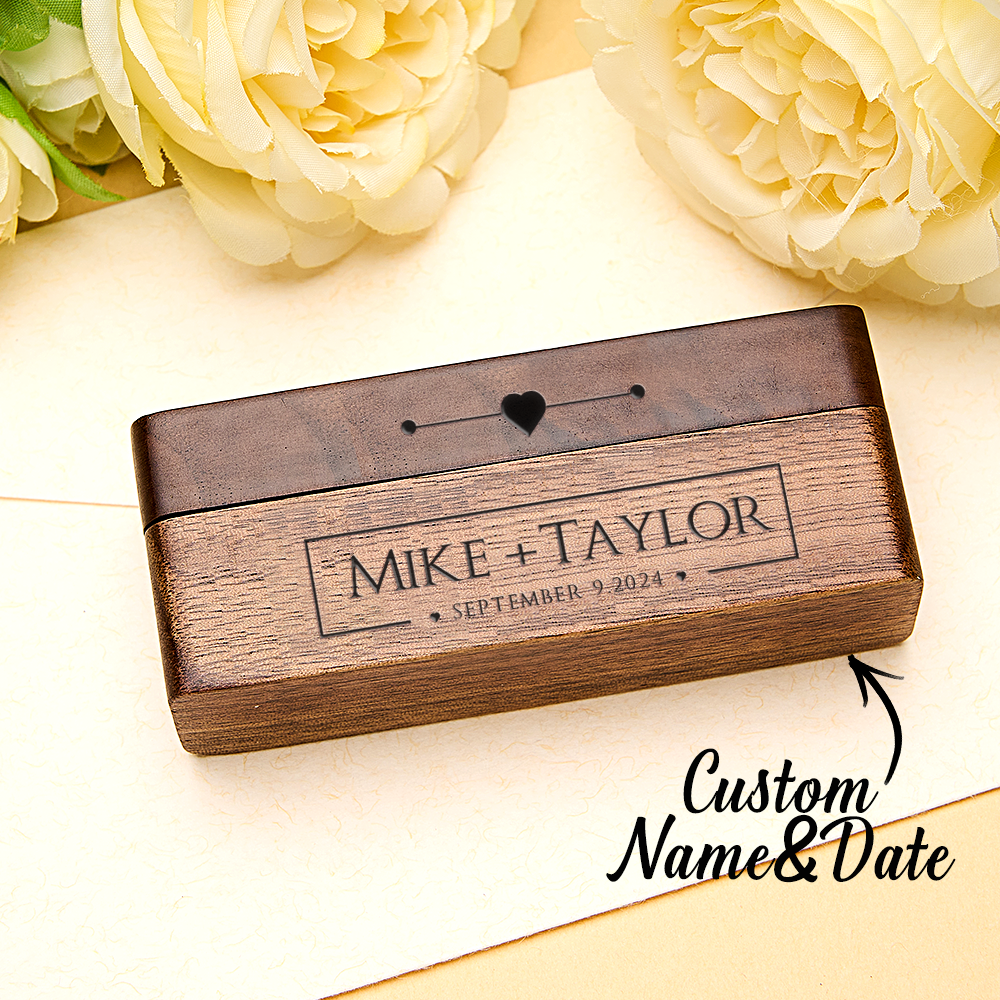 Personalised Engraved Wood Ring Bearer Box - Custom Name & Date Wedding Proposal Gift