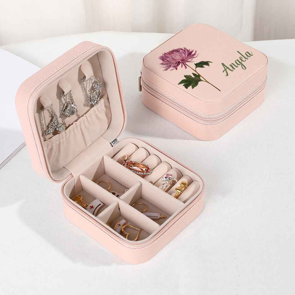 Personalized Name PU Leather Jewelry Box Birthflower Jewelry Organizer Gifts for Her Wedding Gift