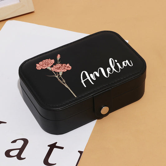 Personalised birth-flower PU leather travel jewellery box — waterproof compact jewellery organiser with custom name and floral motif