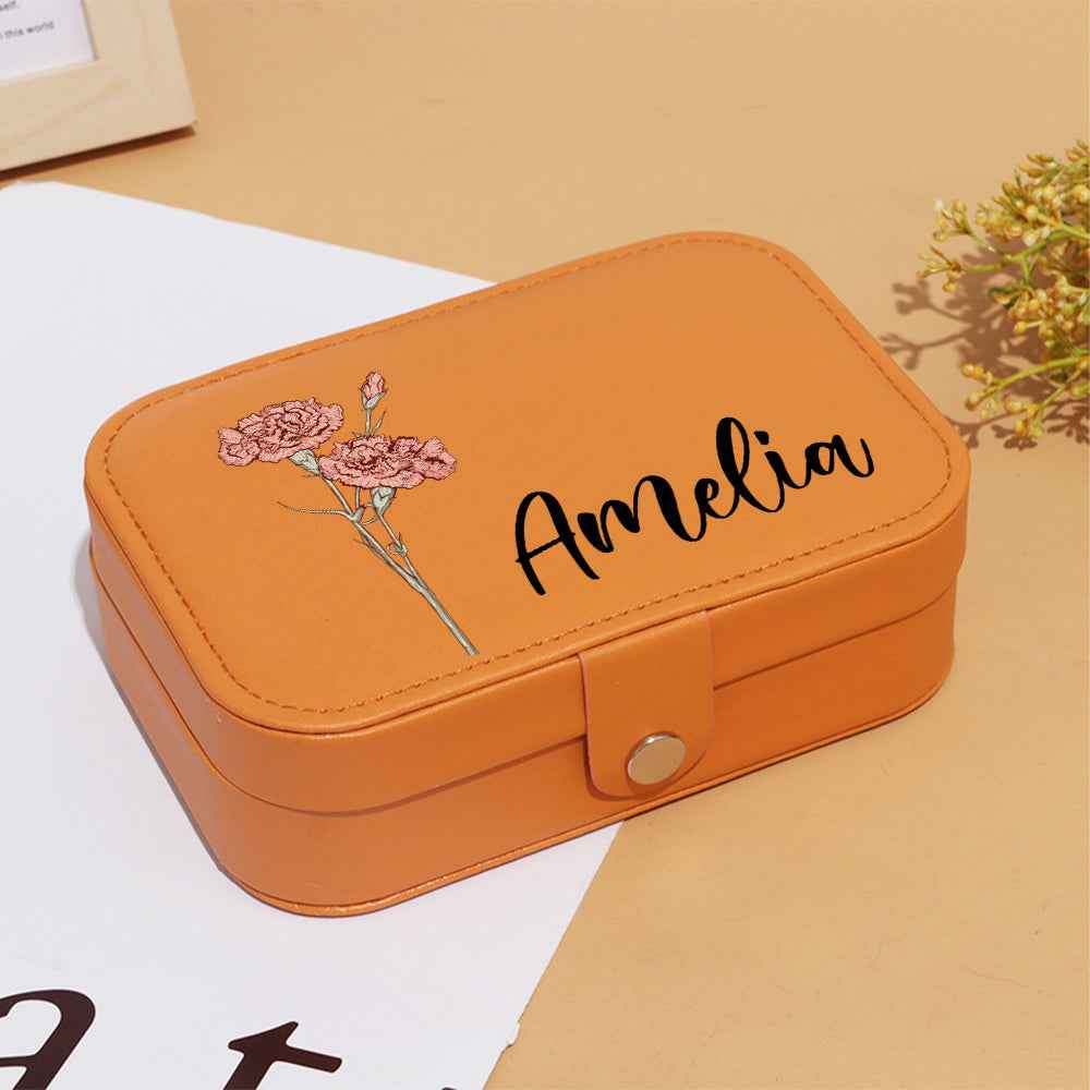 Personalized Birth Flower Leather Travel Jewelry Box with Name Waterproof Multiple Compartments Birthday Bridesmaid Gift for Women Girls