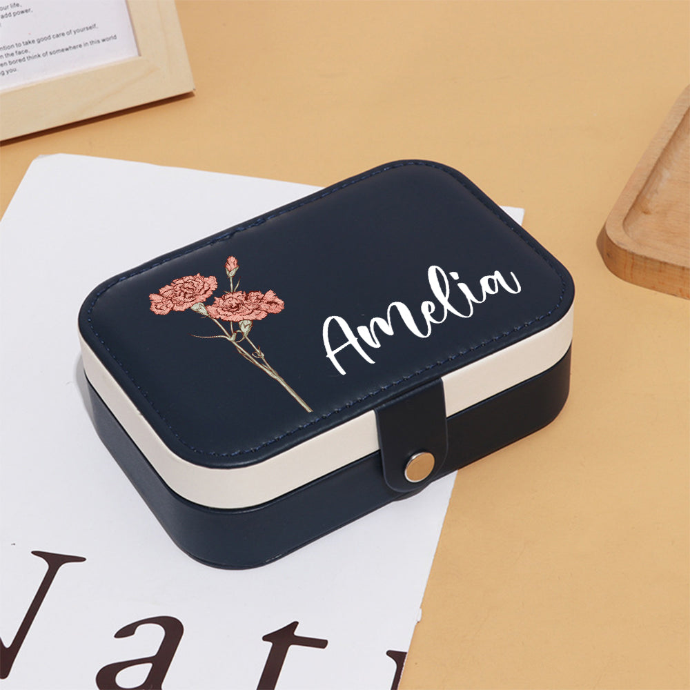 Close-up of personalised name and delicate birth-flower print on waterproof PU leather — customisation detail for a special gift