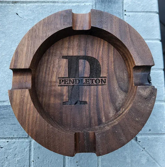 Handcrafted personalised walnut ashtray – top view of engraved wooden cigar rest with polished grain, perfect Father's Day gift