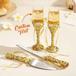 Personalized Champagne Flutes and Cake Server Set for Bride and Groom Wedding Gift