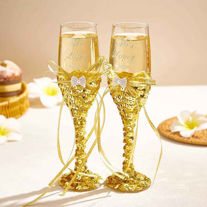 Personalized Champagne Flutes and Cake Server Set for Bride and Groom Wedding Gift