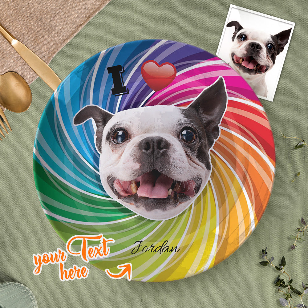 Personalised dog face ceramic dinner plate with colourful custom photo portrait and optional name — 20.6 cm (8.1 in) personalised pet dinnerware keepsake